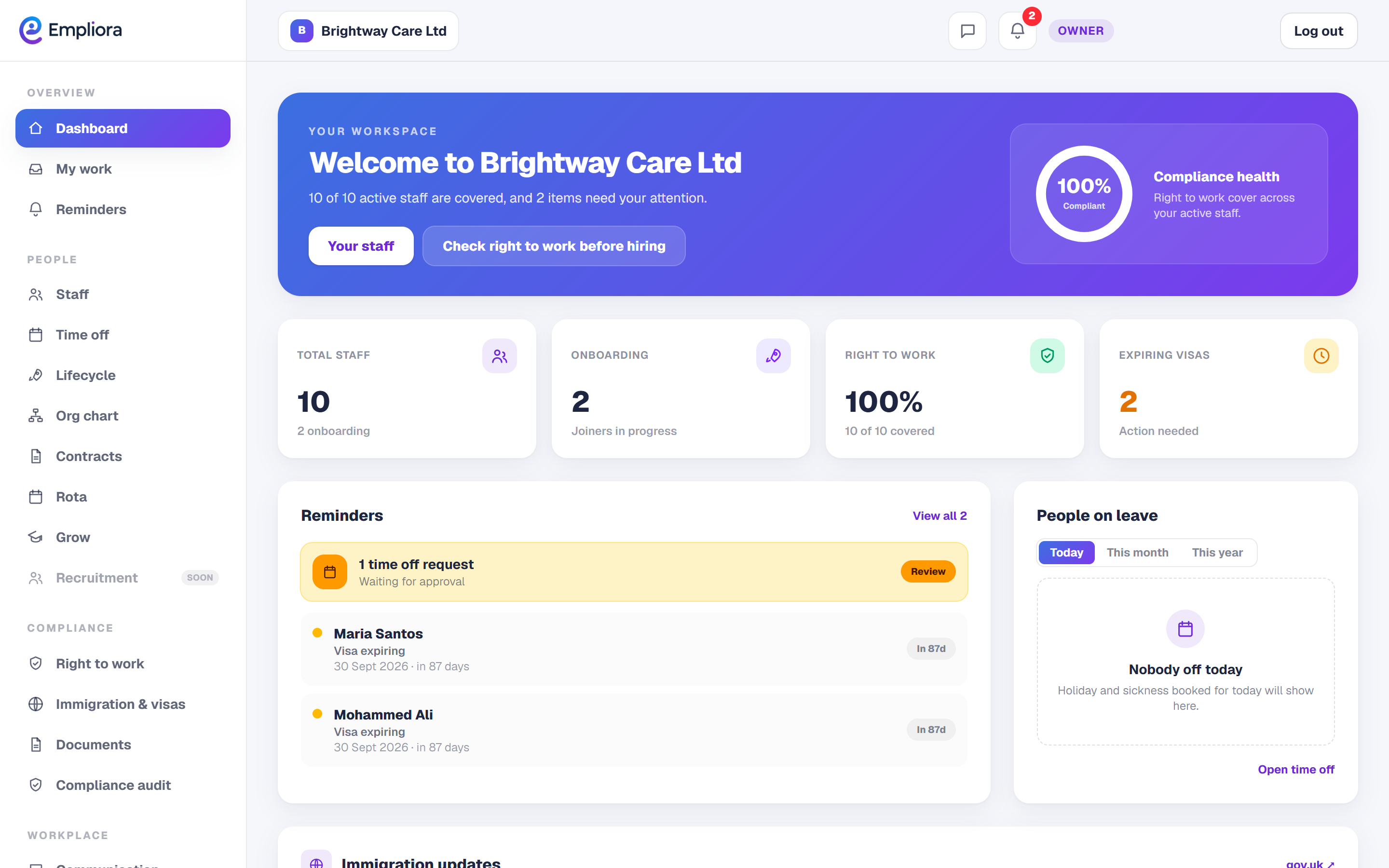 Empliora compliance dashboard